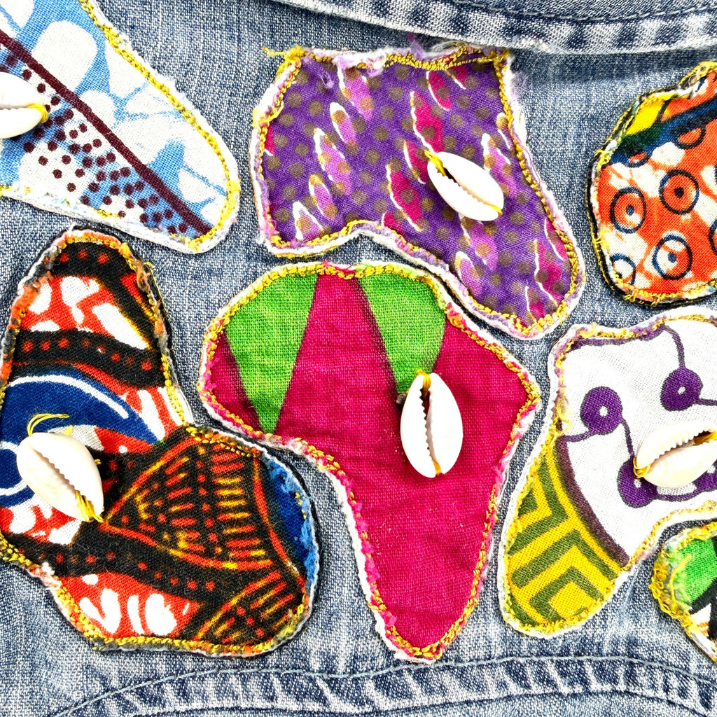 Vintage 90s Custom Denim Patchwork African Wax Print Long Sleeve Shirt
