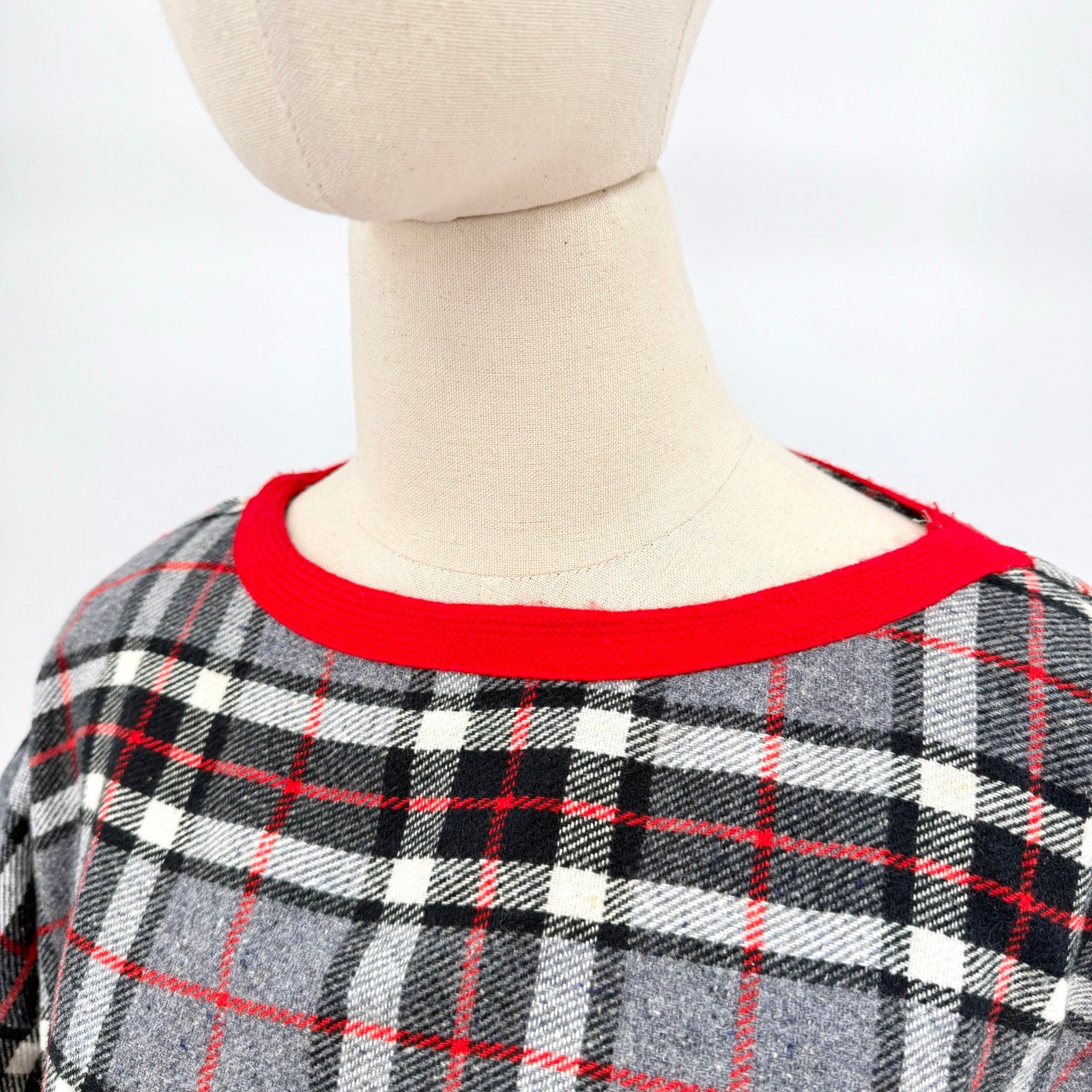 Vintage 60s Gray Red Plaid Dolman Sleeve Belted Midi Dress