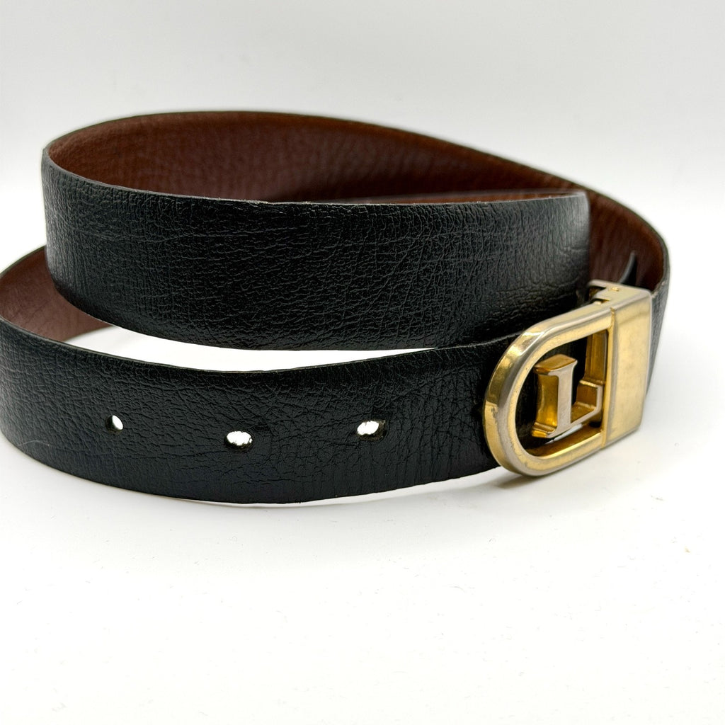 Vintage 80s Pierre Cardin Black Brown Leather Reversible L Buckle Belt