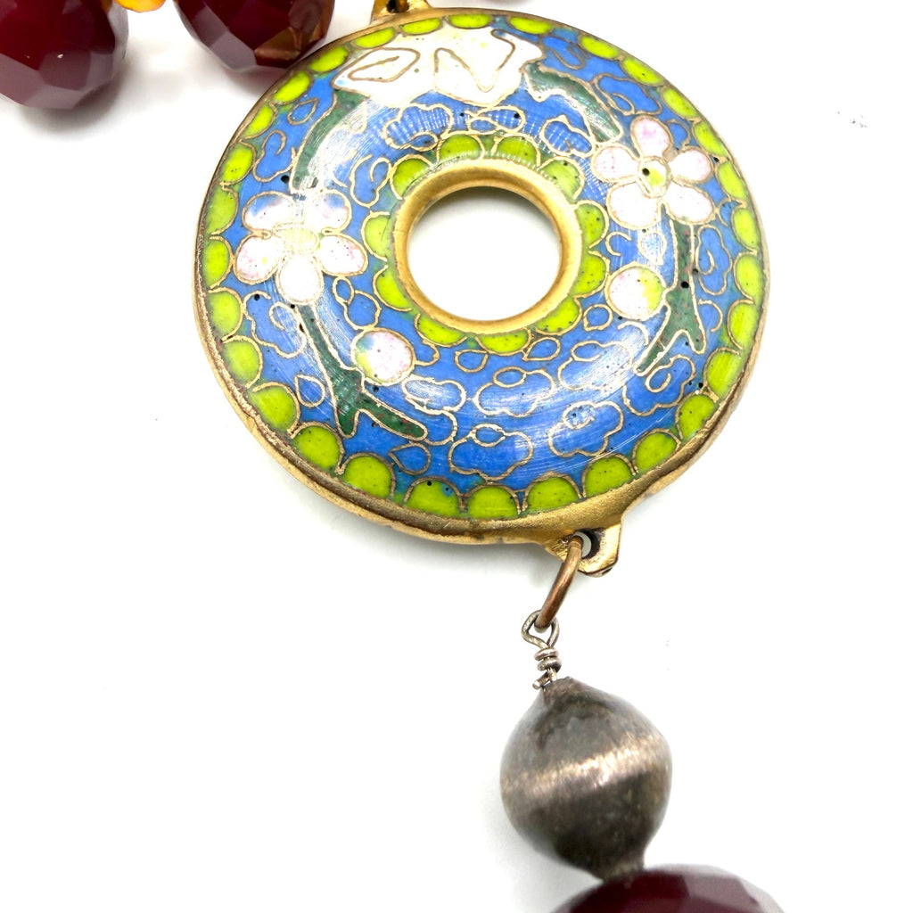 Red Garnet Chinese Cloisonne Enamel Donut Boho Necklace