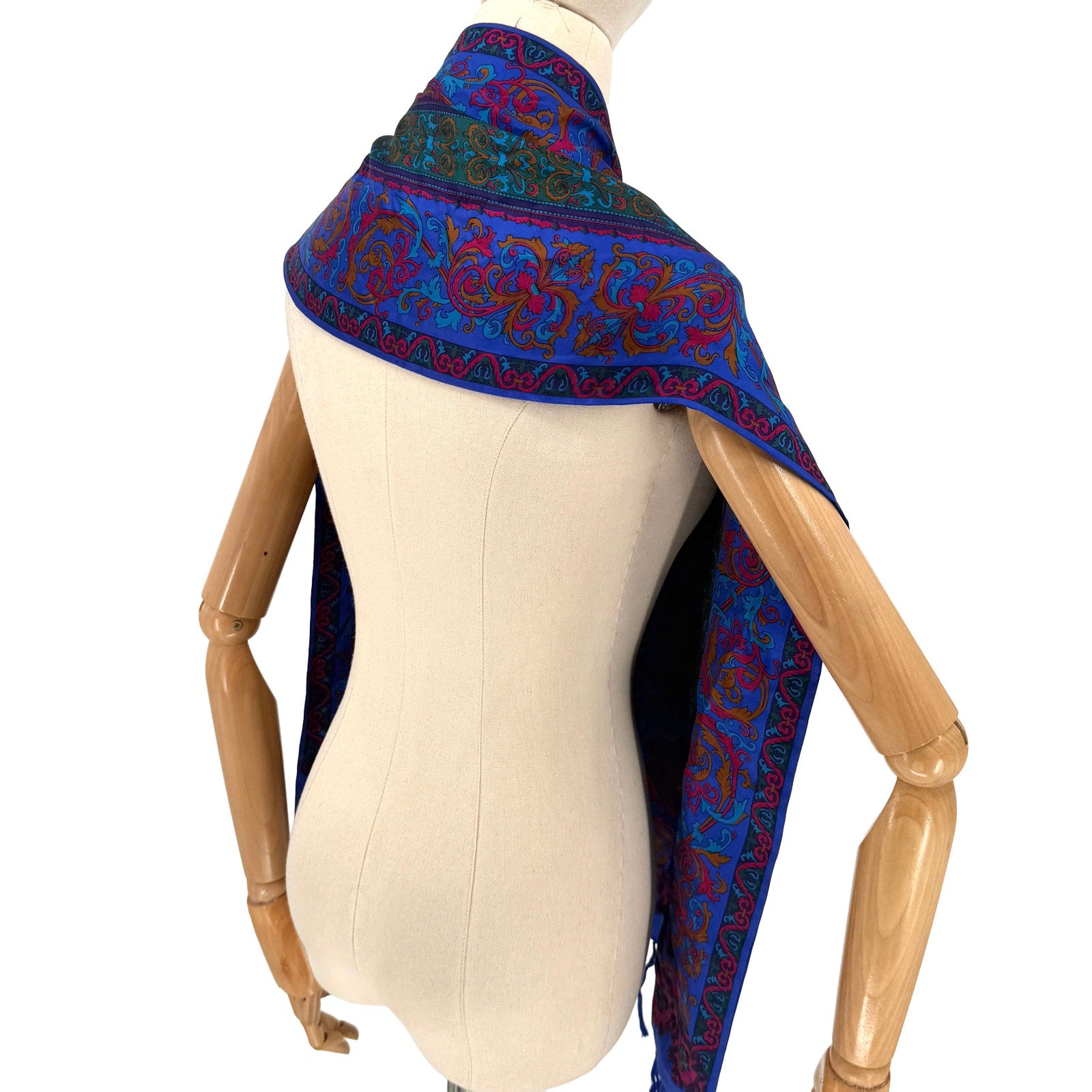 Vintage 80s Ginnie Johansen Royal Blue 100% Silk Baroque Paisley Fringe Scarf