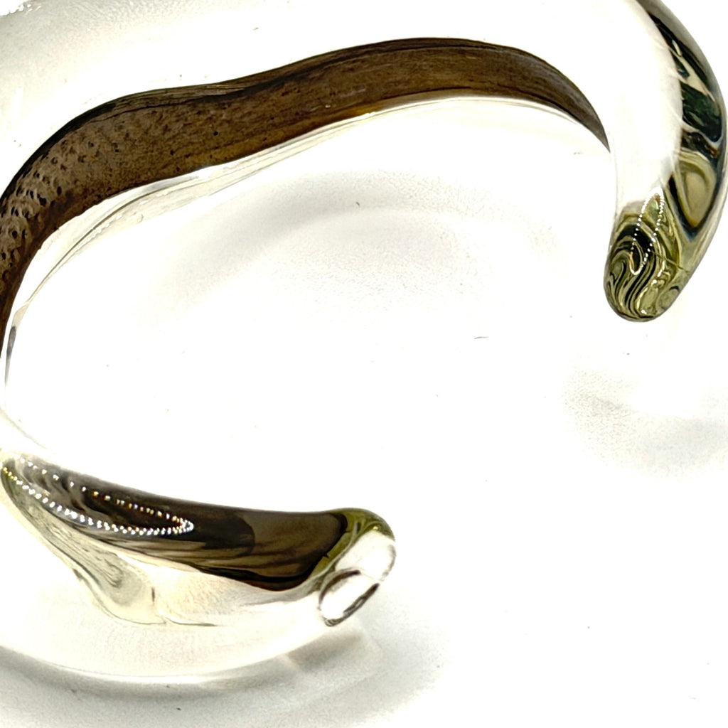 Vintage 90s Handblown Sculptural Clear Glass Black Swirl Statement Cuff Bracelet