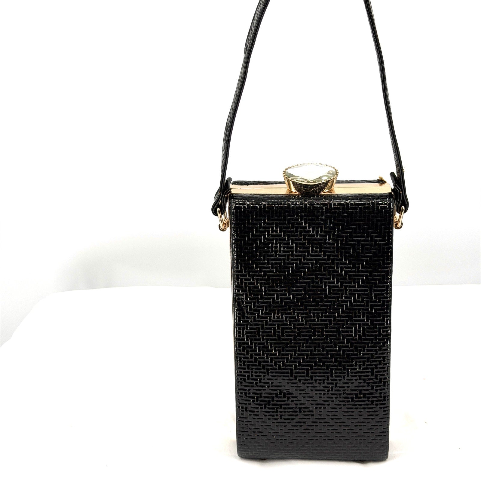 Vintage 90s Black Patent Leather Maximalist Rhinestone Clasp Box Handbag