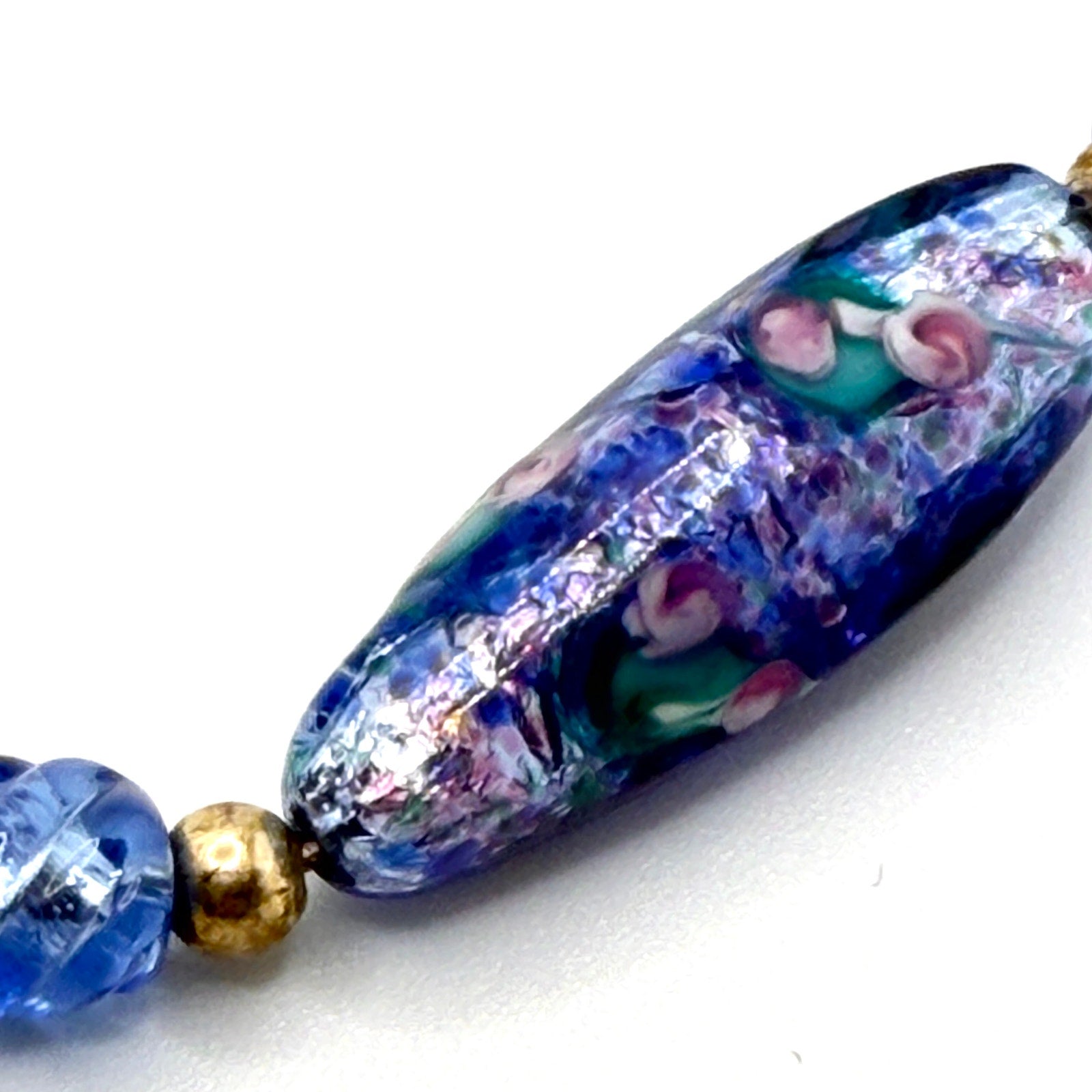 Vintage 90s Blue Glass Lampwork Floral Hand Blown Necklace