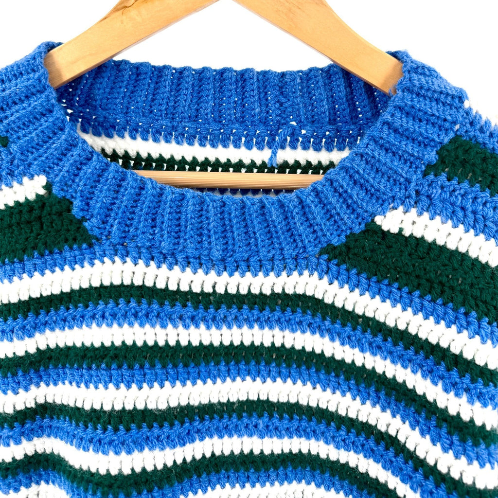 Vintage 90s Hand Knit Heavy Blue Green Striped Crochet Knit Crop Sweater