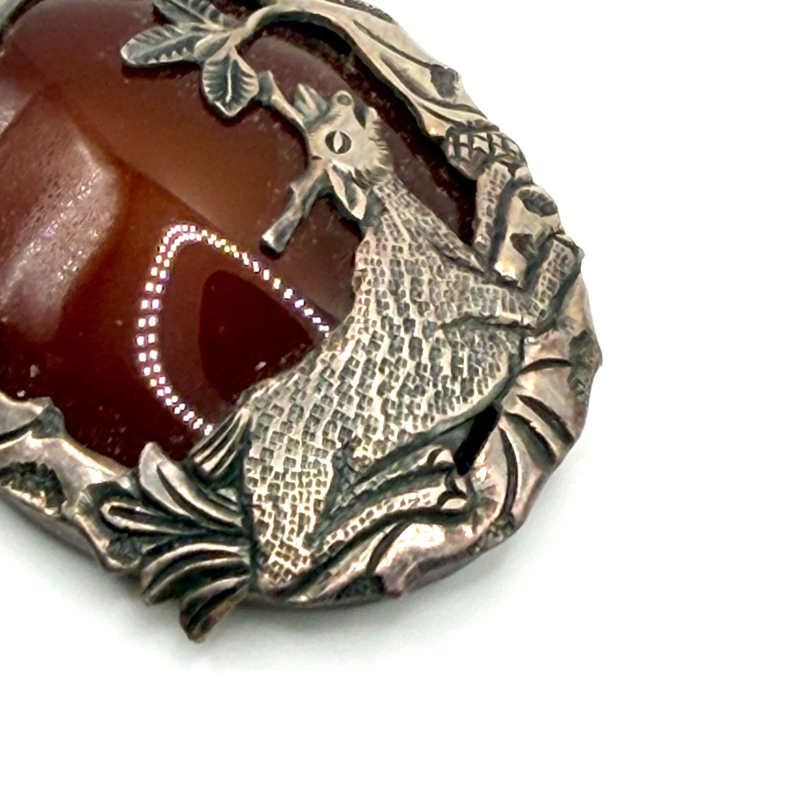 Vintage 90s Red Carnelian Sterling Silver Woodland Deer Overlay Pendant
