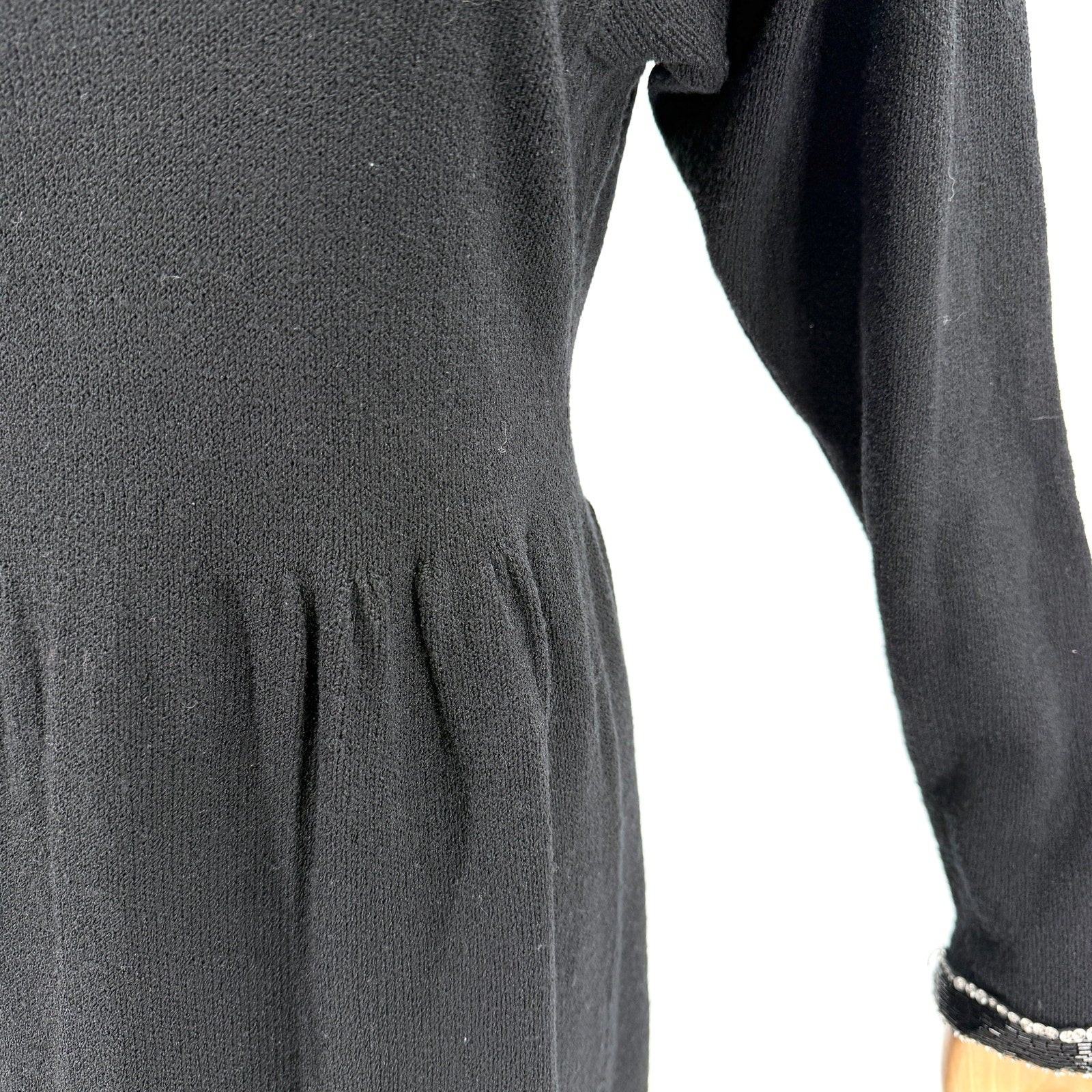 Vintage 80s Lillie Rubin Black Wool Blend Beaded Cutout Glam Sweater Dress