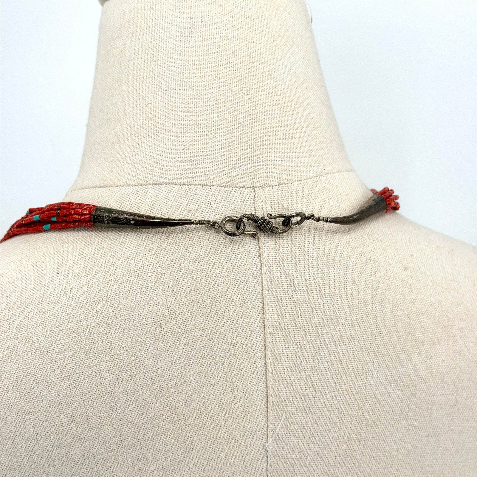 Vintage 80s Red Coral Sterling Silver Southwestern Multi Strand Necklace