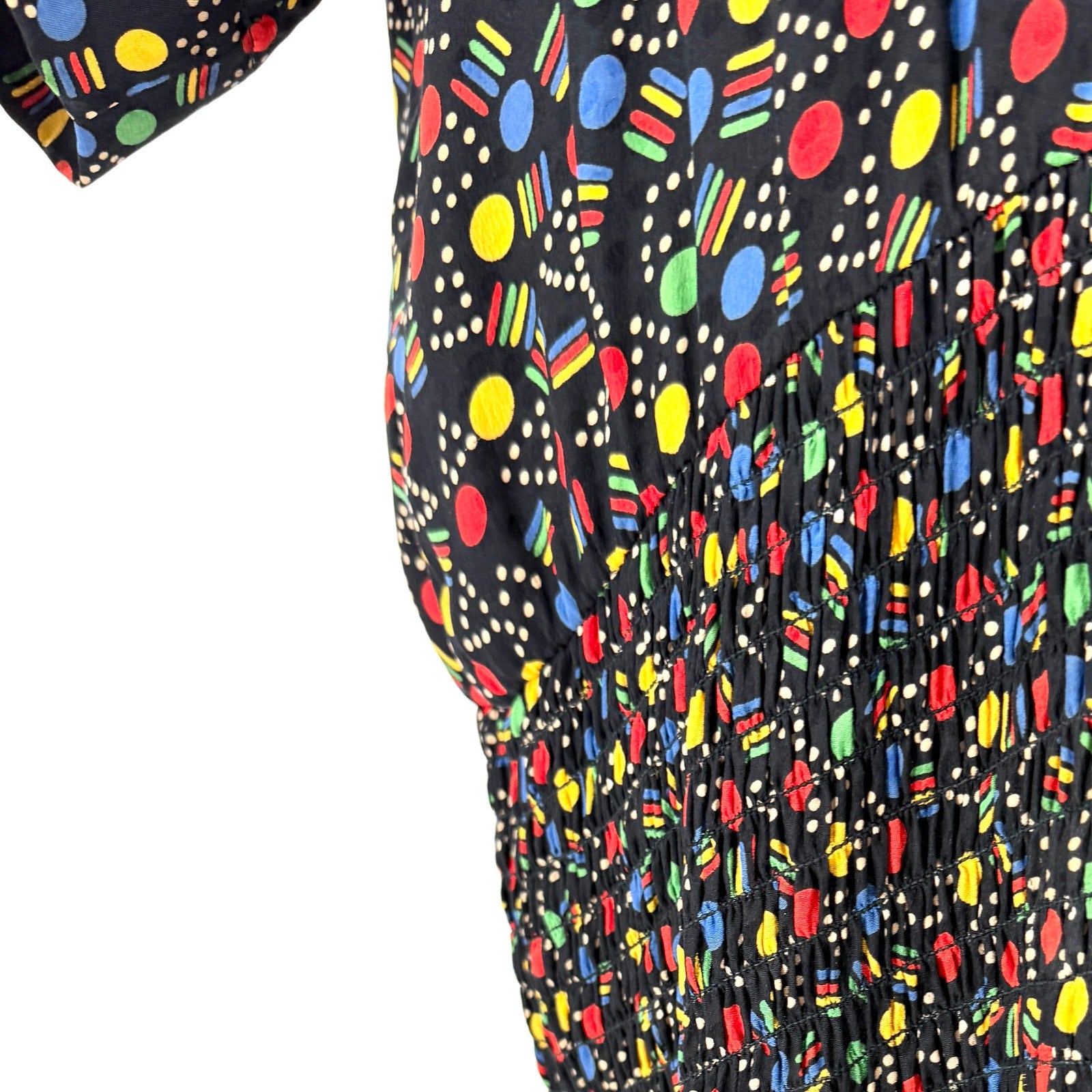 Vintage 80s Black Primary Color Geomtric Smocked Drop Waist Dress