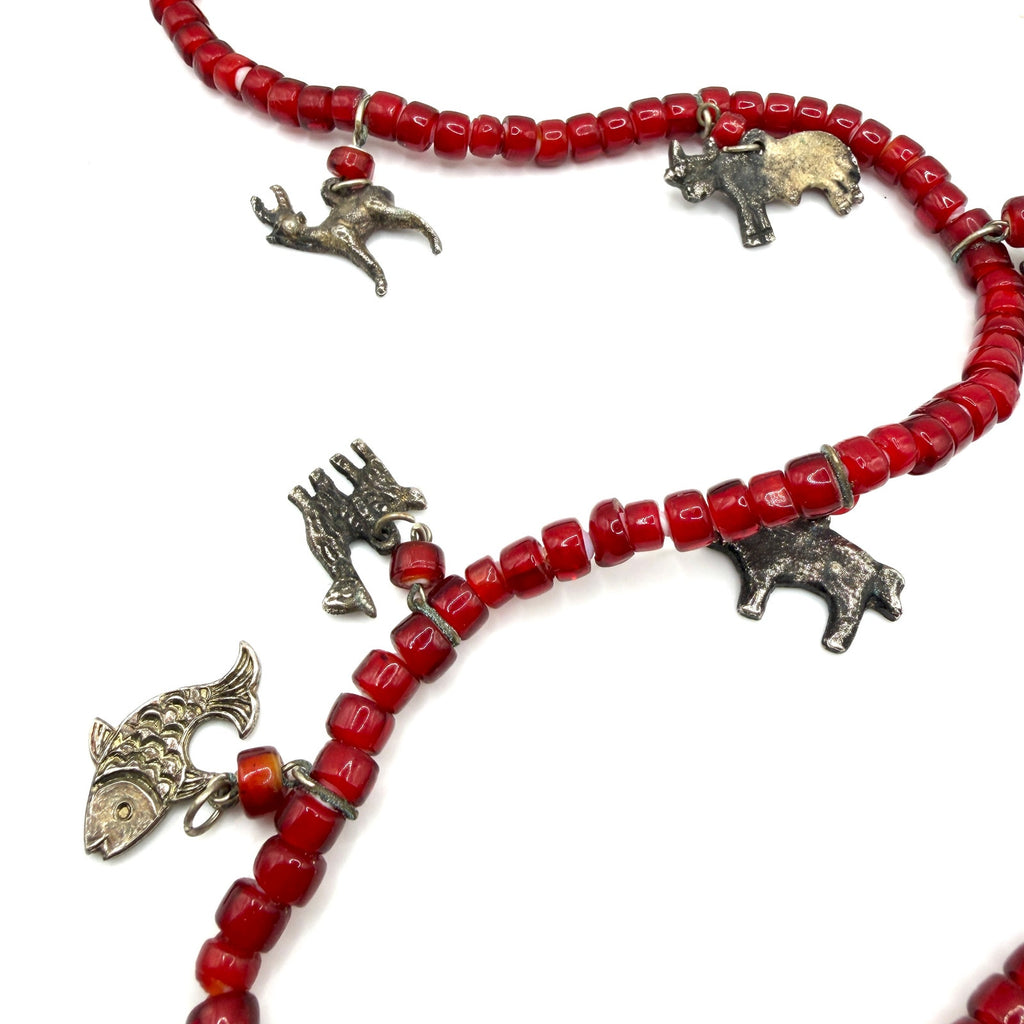 Vintage 90s Red Glass Beaded Safari Animal Multi Charm Necklace