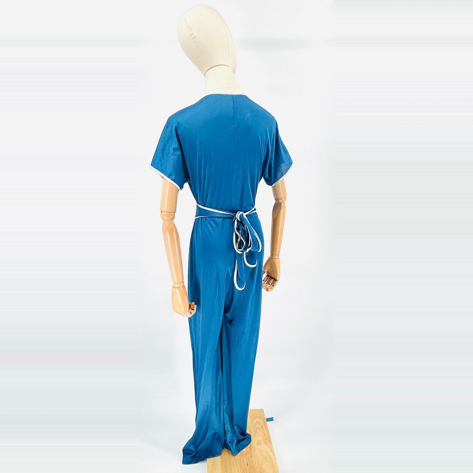 Vintage 80s Blue Nylon White Trim Wrap Retro Jumpsuit