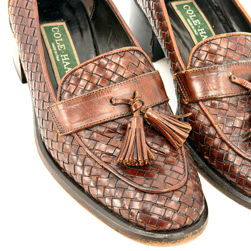 Vintage 90s Cole Haan Brown Woven Genuine Leather Tassel Heeled Loafers