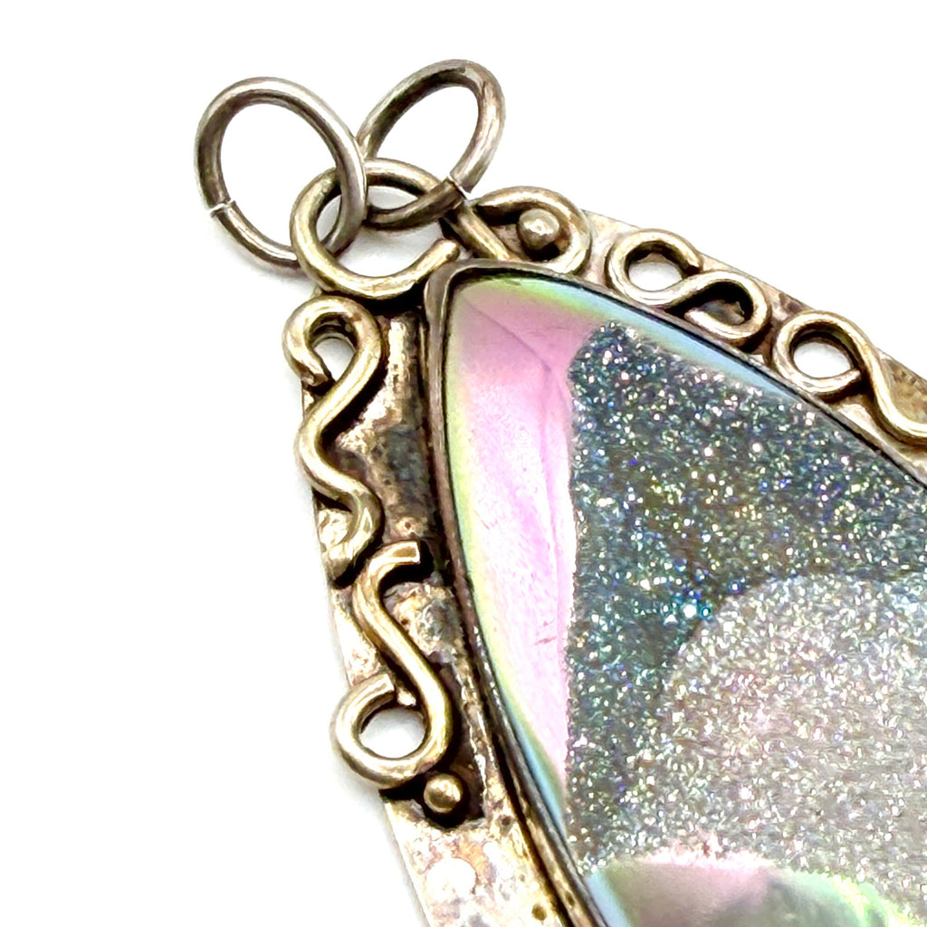 Vintage 90s Signed Rainbow Iridescent Sterling Silver Aura Druzy Quartz Pendant