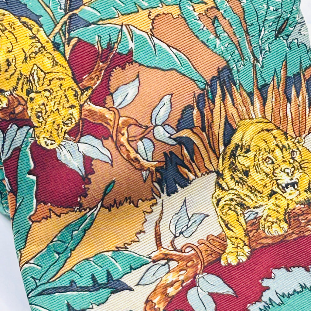 Vintage 90s Pure Silk Red Maroon Yellow Lion Tiger Print Necktie