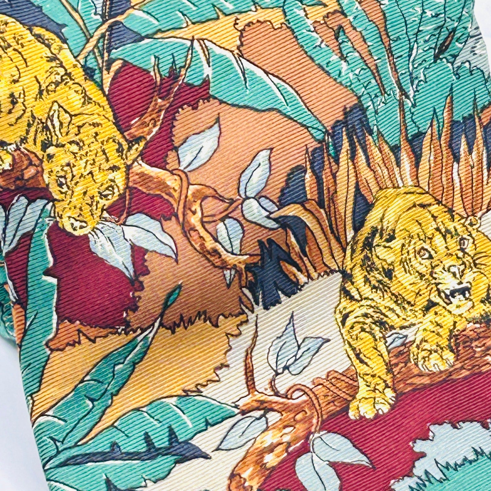 Vintage 90s Pure Silk Red Maroon Yellow Lion Tiger Print Necktie