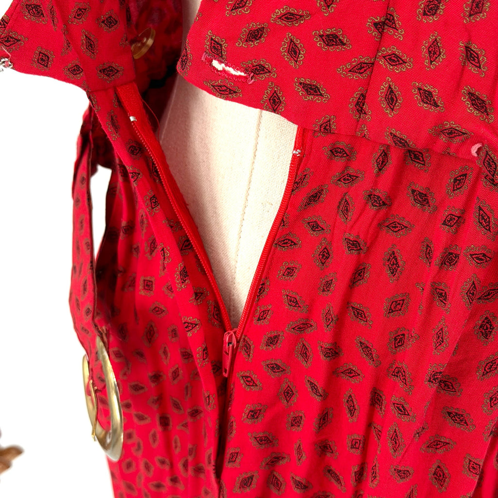 Vintage 80s T Juniors Red Patterned Rayon Belted Shoulder Pad Midi Dress