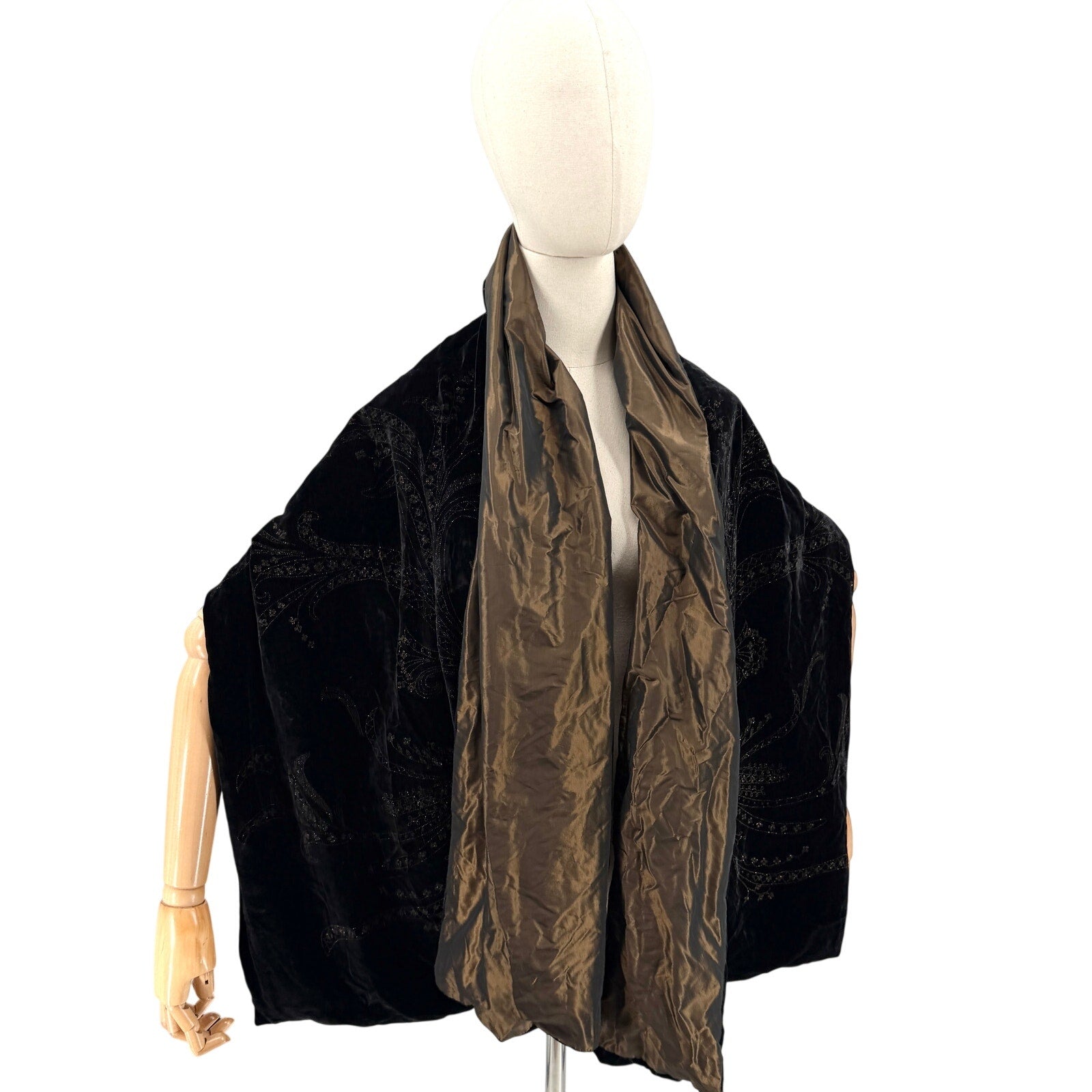 Vintage 90s Black Velvet Bronze Iridescent Wrap Glitter Formal Shawl Wrap