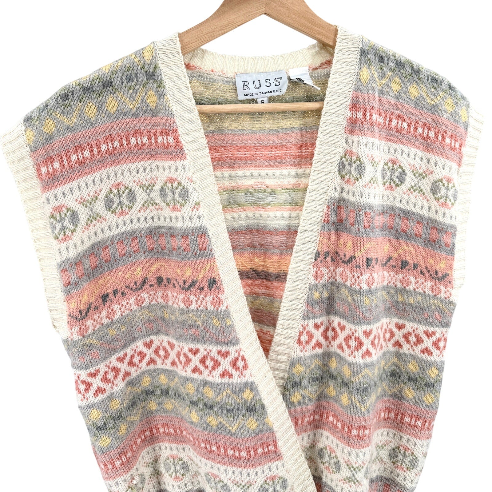 Vintage 80s RUSS Cream Pink Fair Isle Sweater Vest