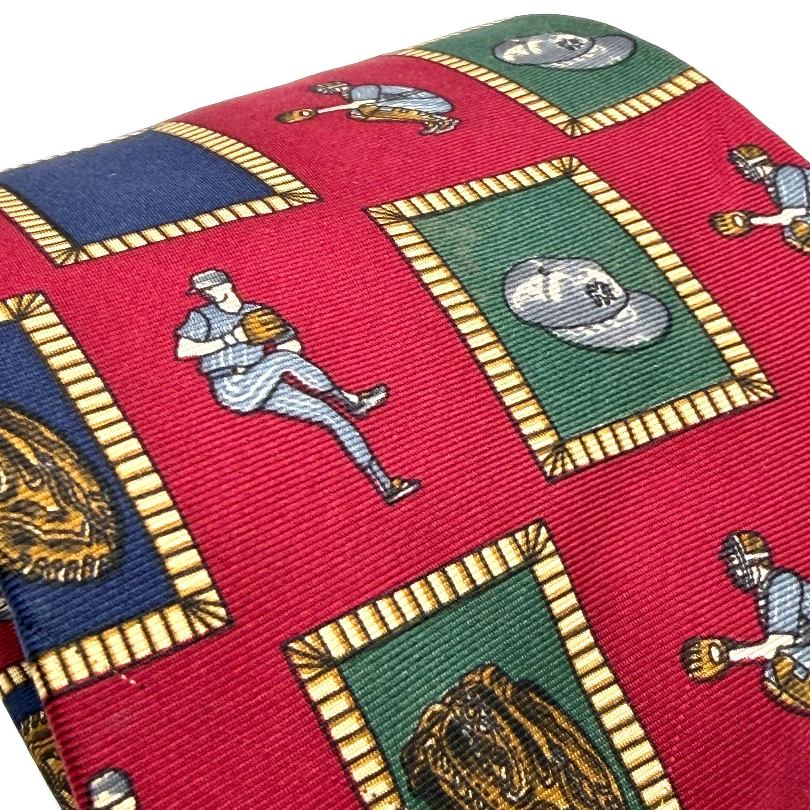 Vintage 90s Tommy Hilfiger Red 100% Silk Baseball Motif Preppy Novelty Tie