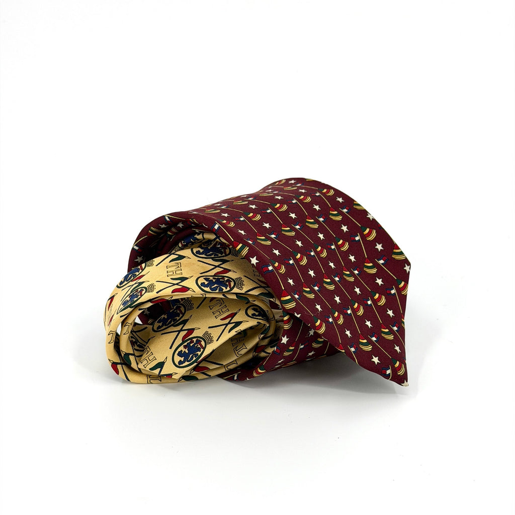 Vintage 90s Tommy Hilfiger Maroon Beige 100% Silk Nautical Flag Crest Necktie