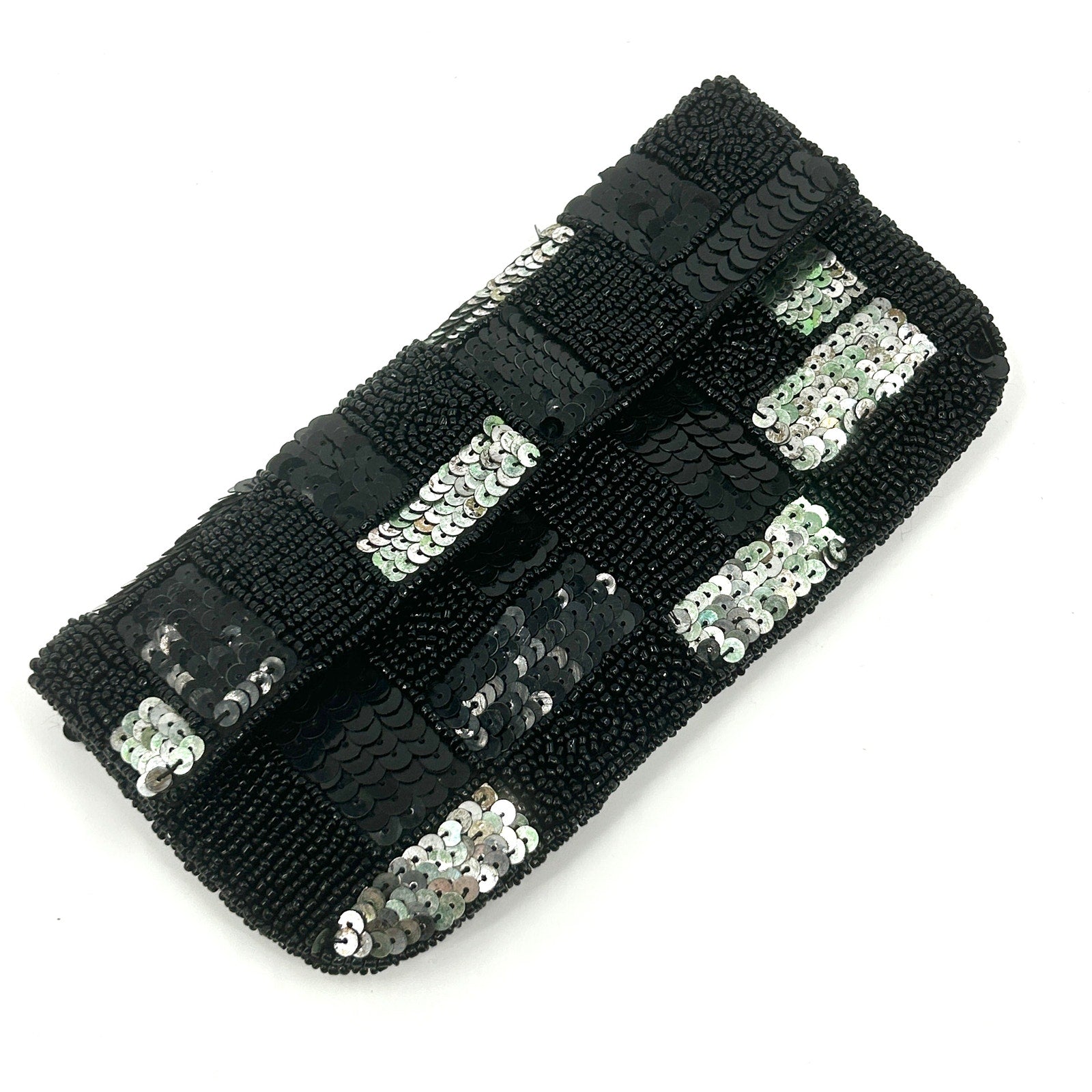 K.C. Malhan Black Silver Iridescent Sequin Beaded Checkered Evening Clutch