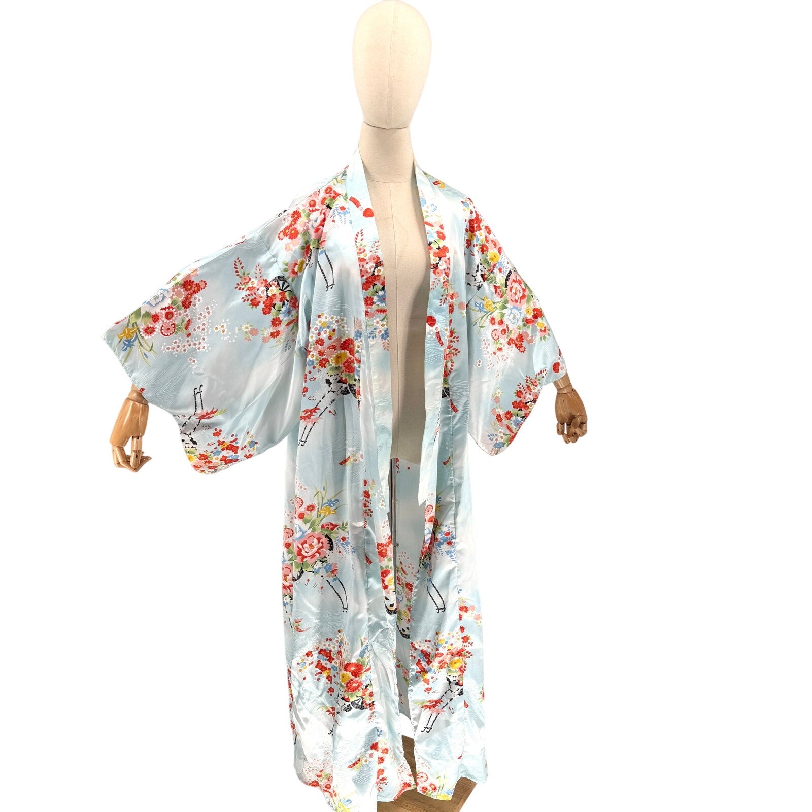 Vintage 90s Ichiban Pastel Blue Floral Long Robe Kimono