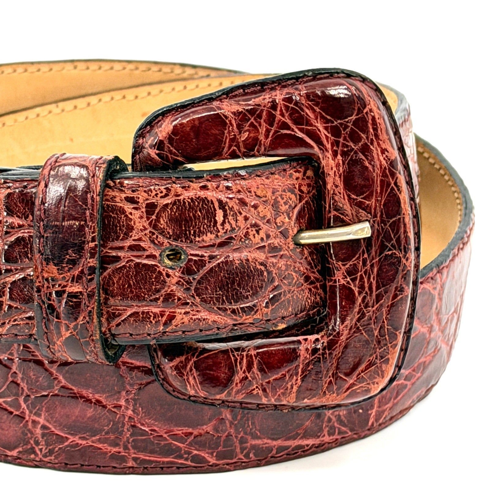 Vintage 90s Reddish Brown Genuine Crocodile Skin Minimalist Buckle Belt