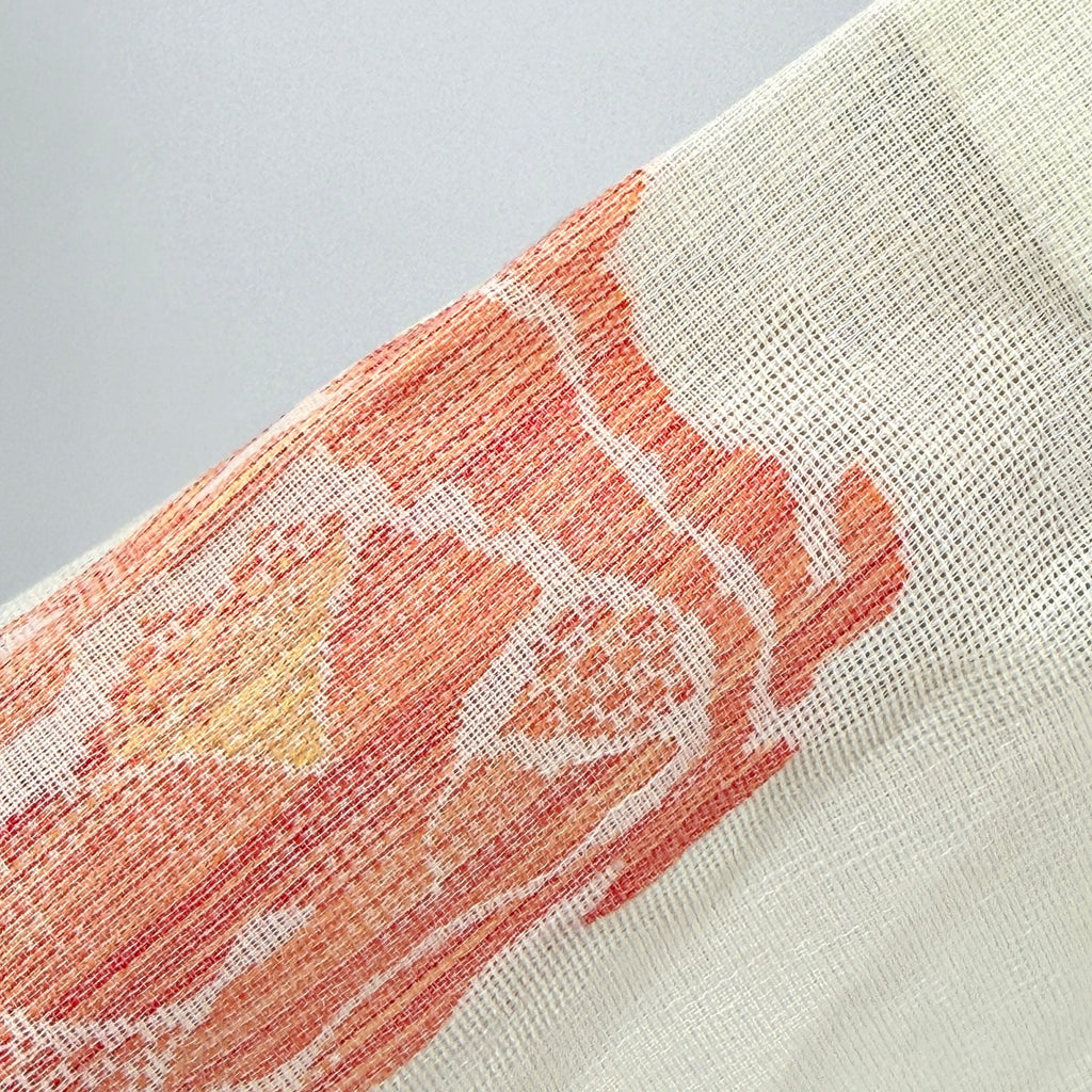 Vintage 70s Showa Cream Peach Patterned Open Weave Sha Gauze Silk Kimono Robe