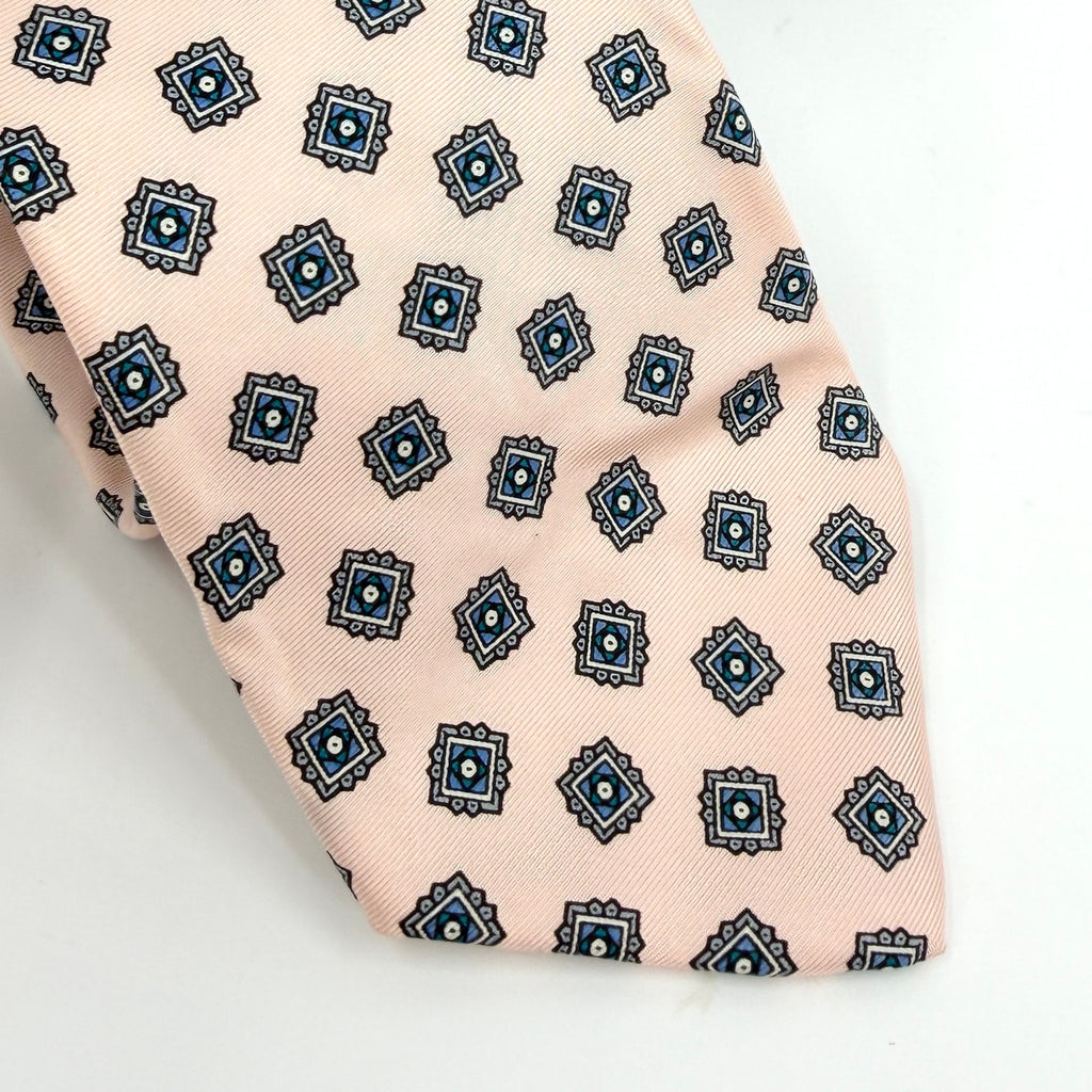Vintage 80s Bert Pulitzer Pink Blue 100% Silk Geometric Medallion Necktie