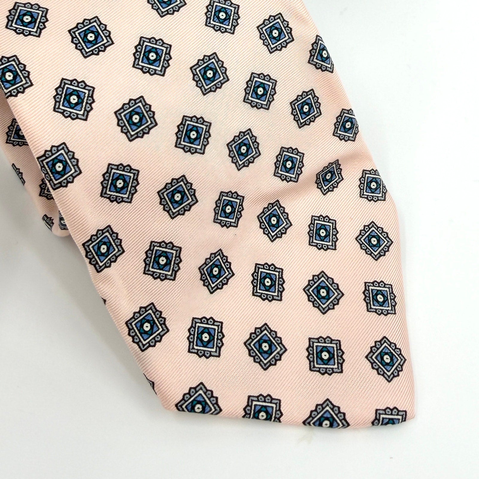 Vintage 80s Bert Pulitzer Pink Blue 100% Silk Geometric Medallion Necktie