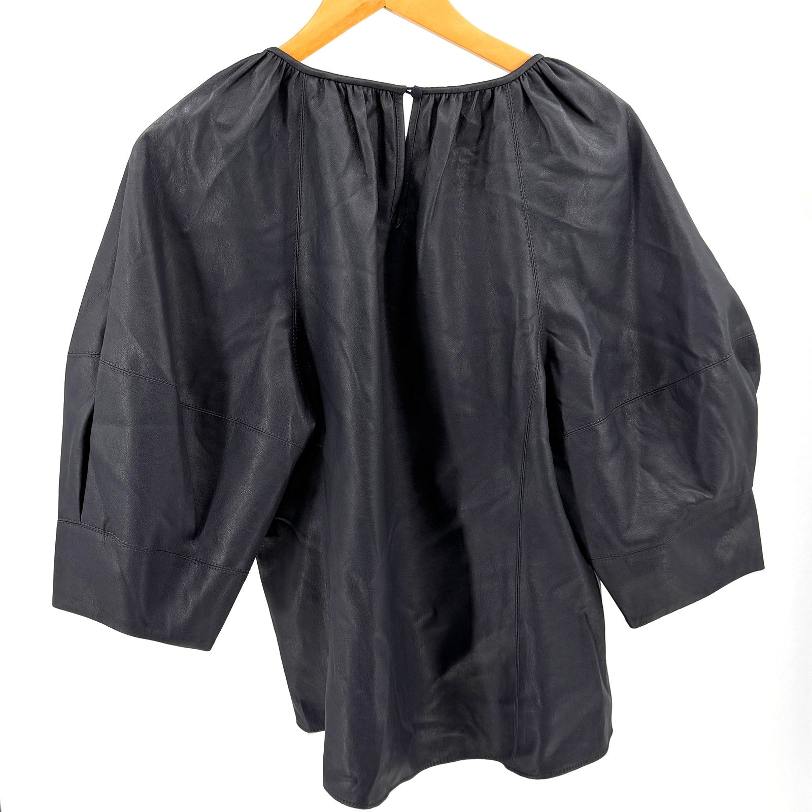 Rebecca Taylor Navy Blue Vegan Leather Silk Lined Puff Sleeve Top