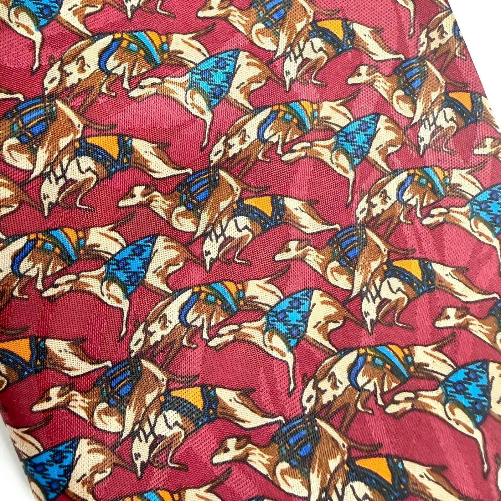 Vintage 90s Gio Galanti Maroon Greyhound Dog Racing Novelty Wide Necktie