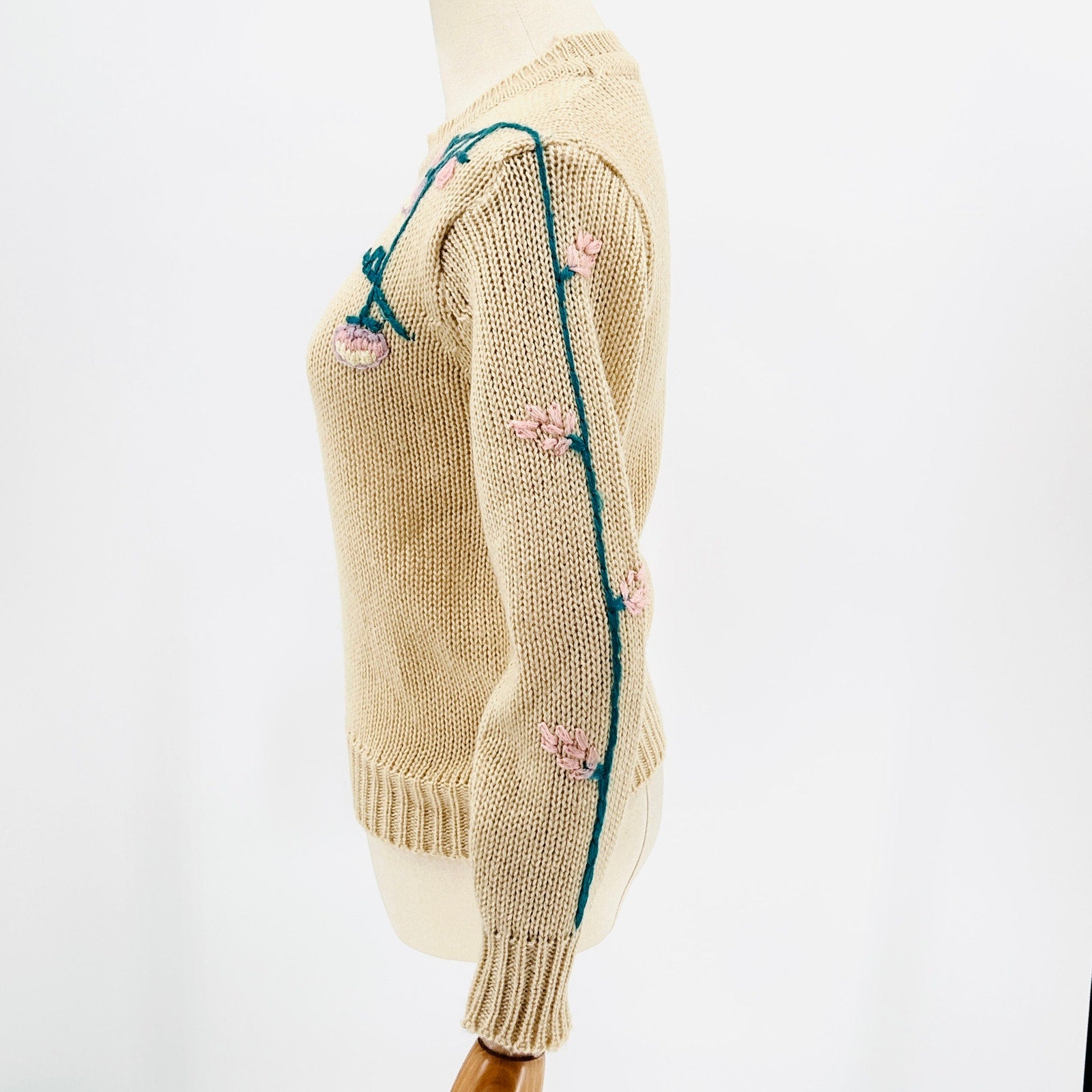 Vintage 80s Beige Teal Pink Floral Embroidered Sweater