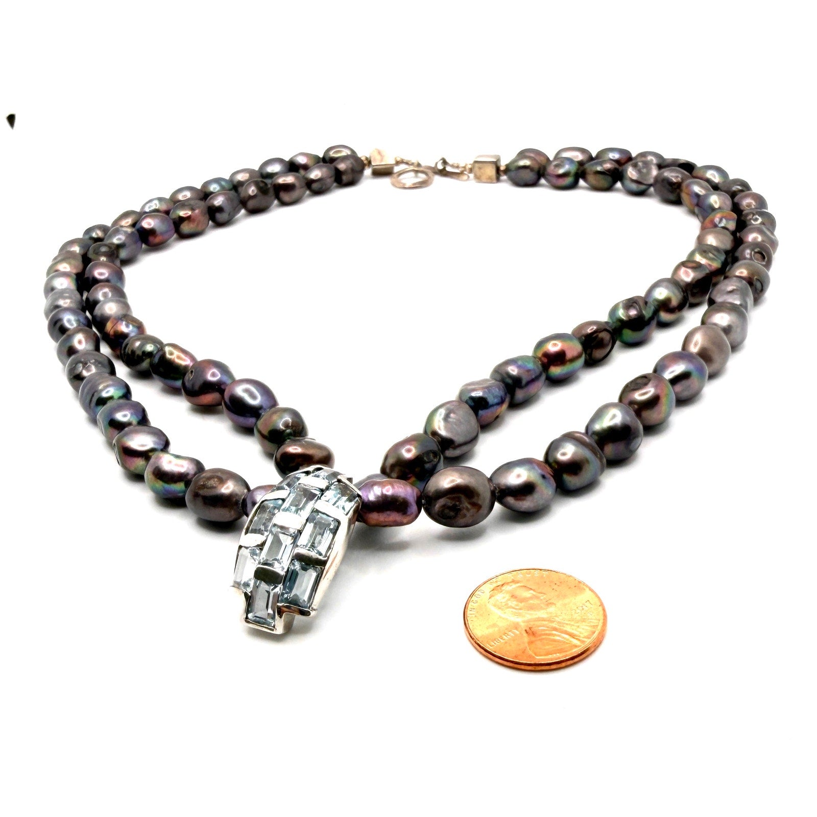 Vintage Y2K Peacock Pearl Blue Topaz Sterling Silver Double Strand Necklace
