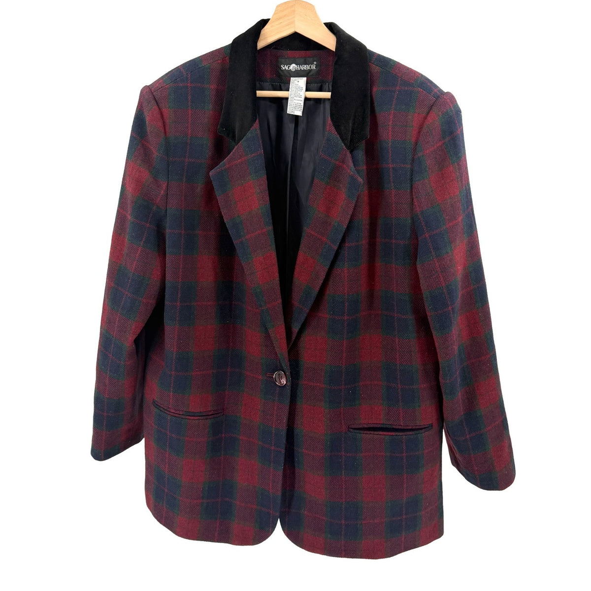 Vintage 90s Sag Harbor Red Navy Plaid Oversized Velvet Collar Blazer