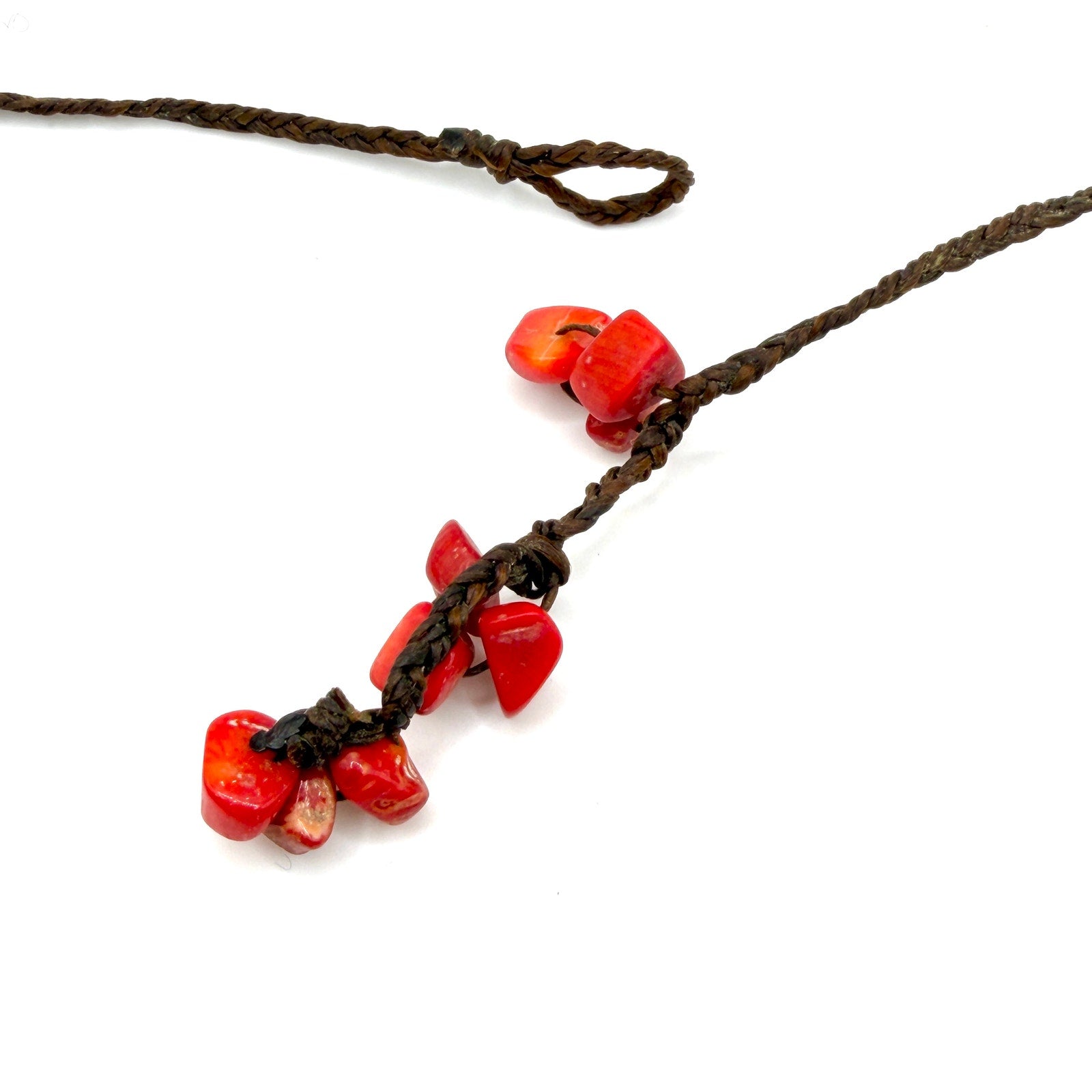 Vintage 90s Red Coral Chip Woven Macrame Mesh Fringe Statement Bib Necklace