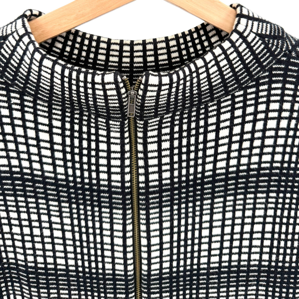 French Connection Black White Grid Plaid Zip Mock Neck Sweater Top