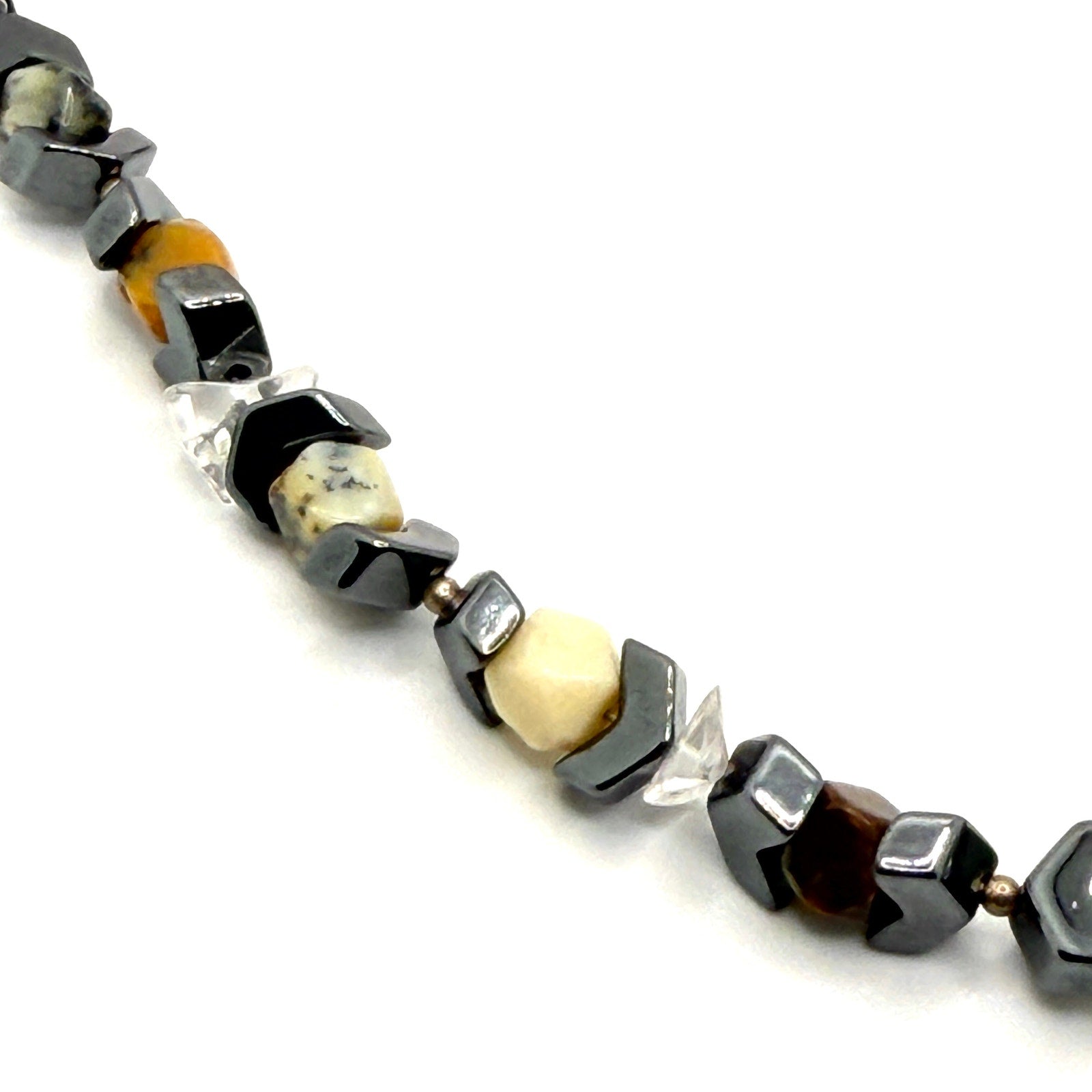 Vintage 90s Hematite Chevron Quartz Stone Necklace Bracelet Earring Set