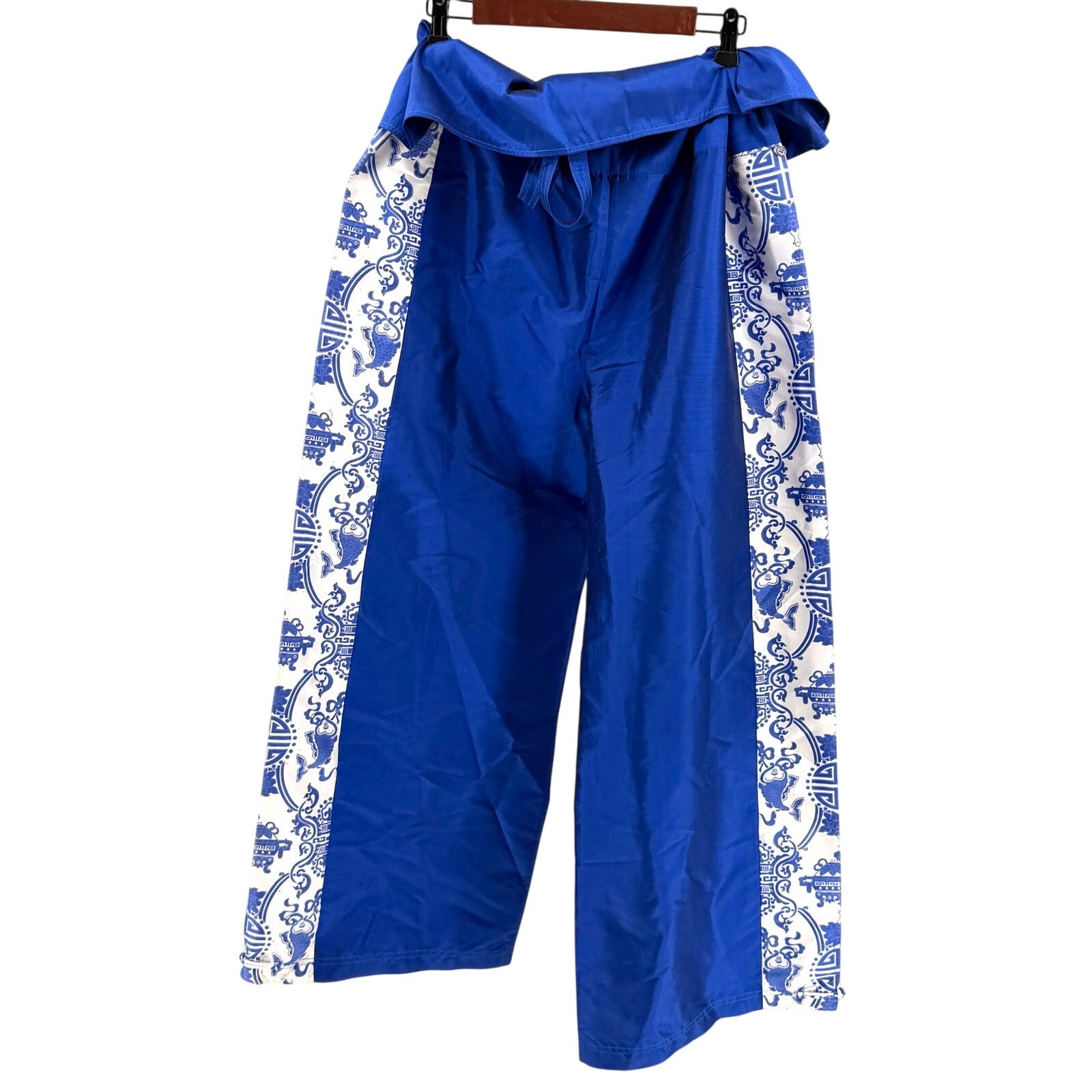 Vintage Y2K Paothong’s Royal Blue White 100% Silk Thai Wide Leg Pants