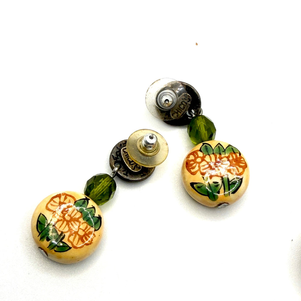 Vintage 90s Chico's Yellow Amber Chinoiserie Geisha Necklace Earring Set