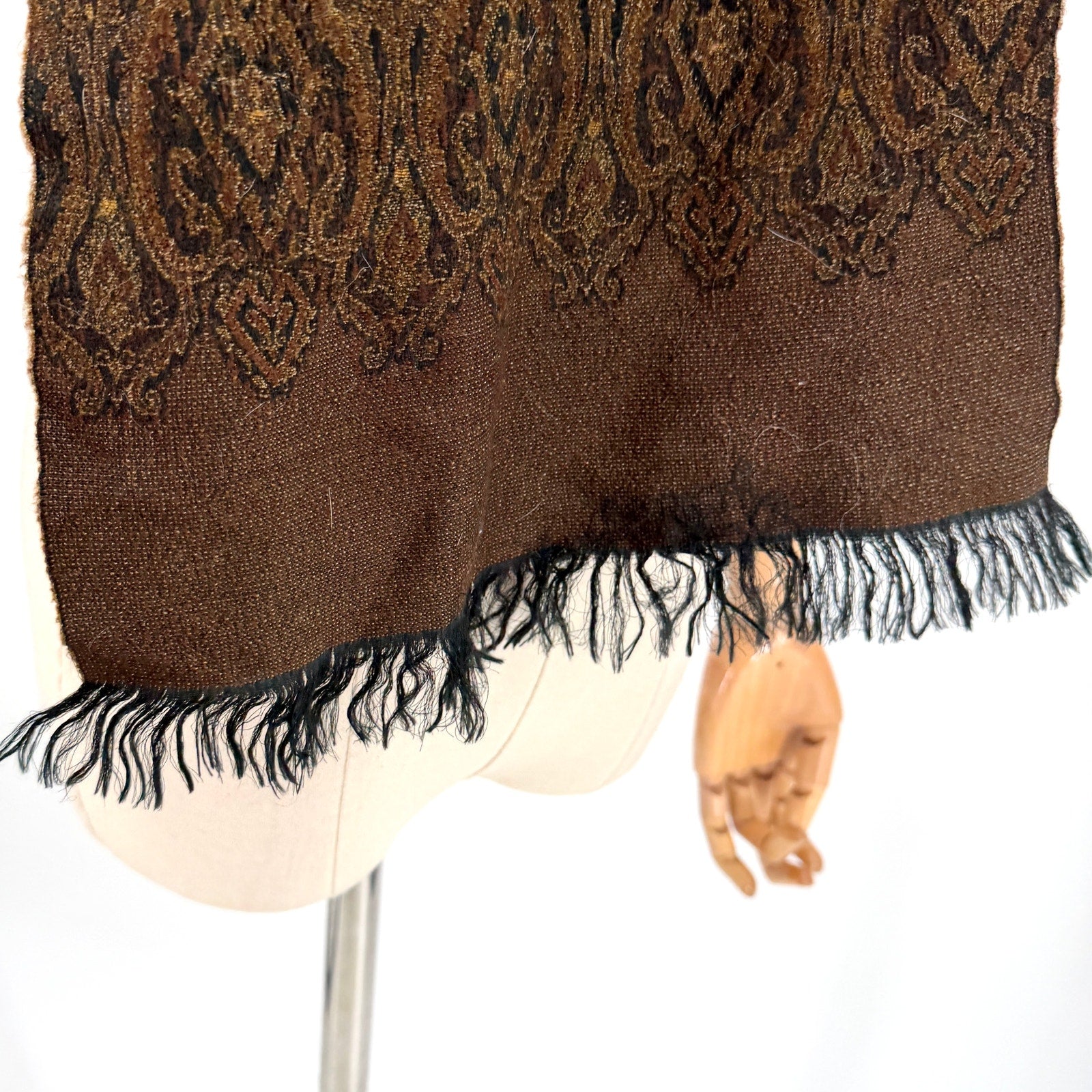 Vintage Y2K Olive Green Paisley 100% Wool Woven Fringe Oblong Scarf