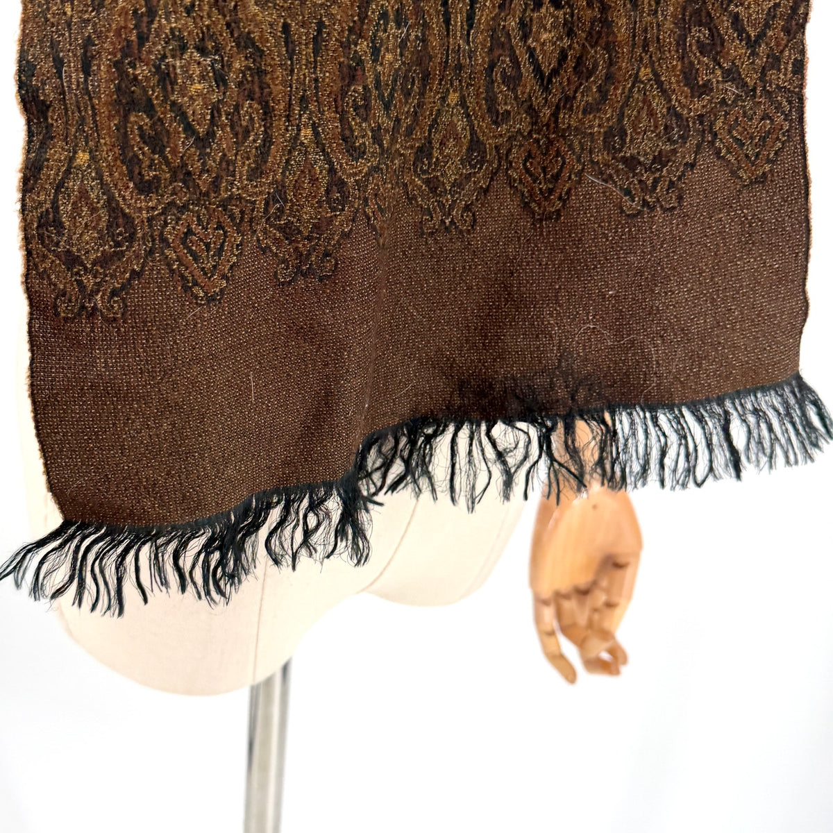Vintage Y2K Olive Green Paisley 100% Wool Woven Fringe Oblong Scarf