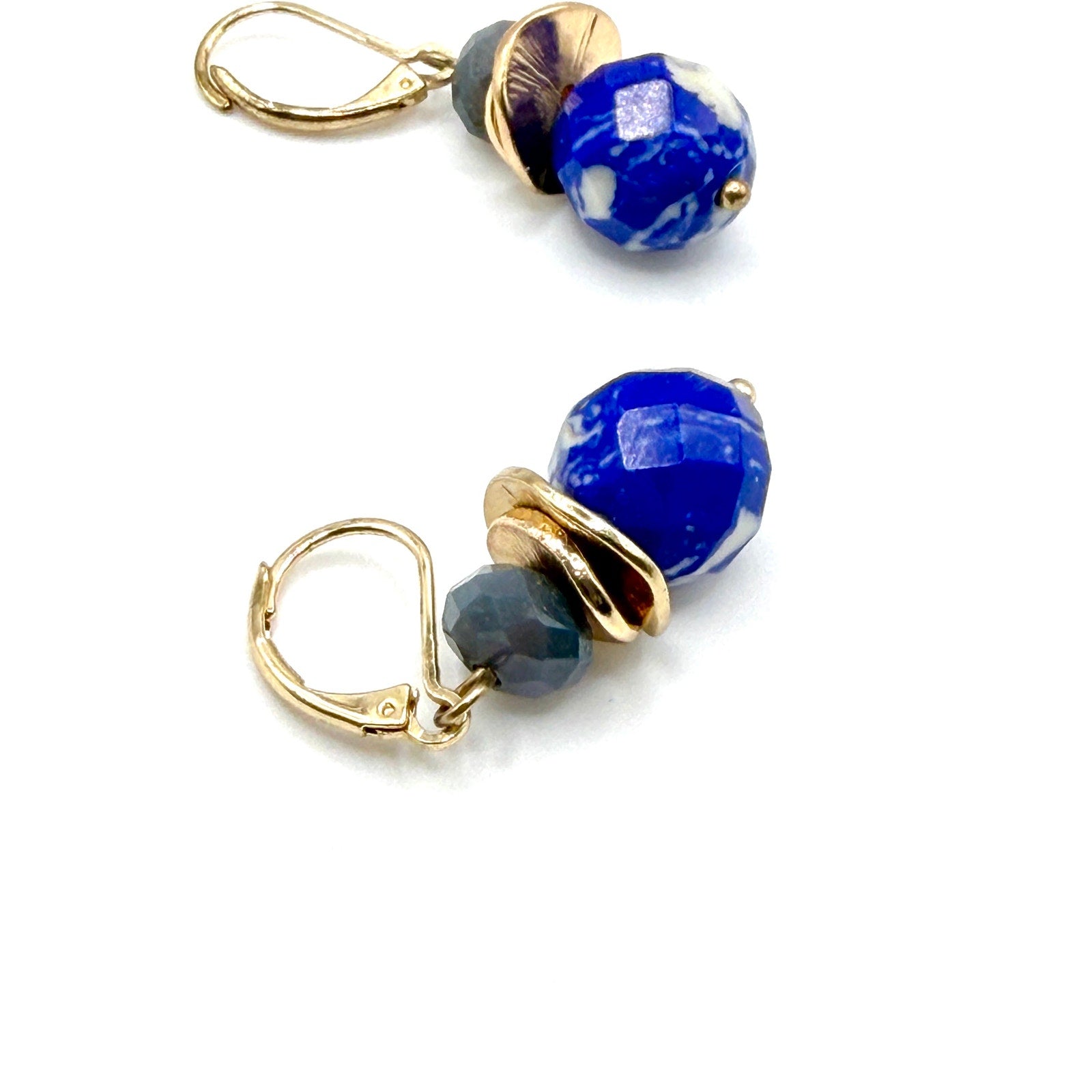 Gold Blue Marbled Stone Stacked Gold Leverback Drop Earrings