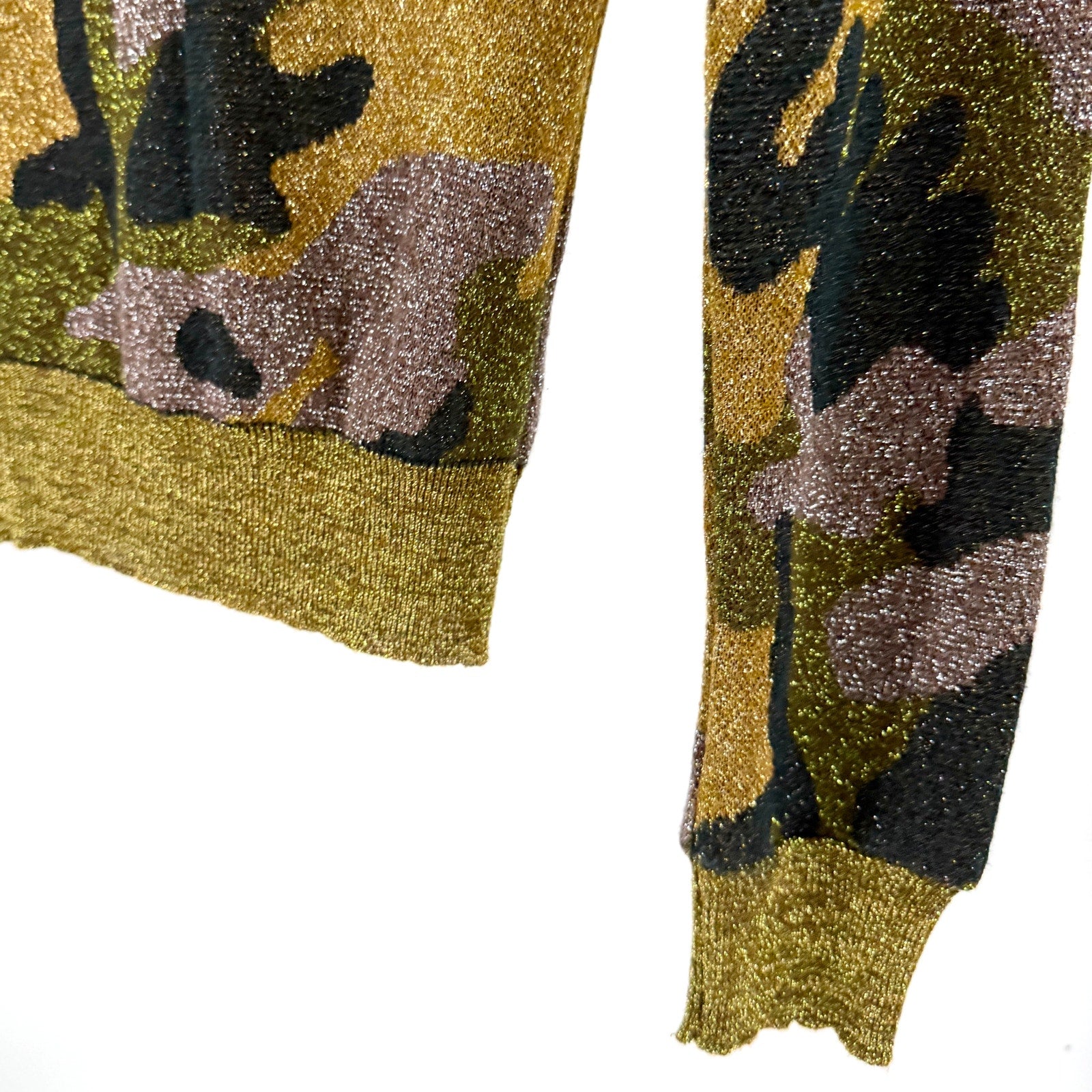 Brand Unique Metallic Gold Green Camo Print Puff Sleeve Sweater