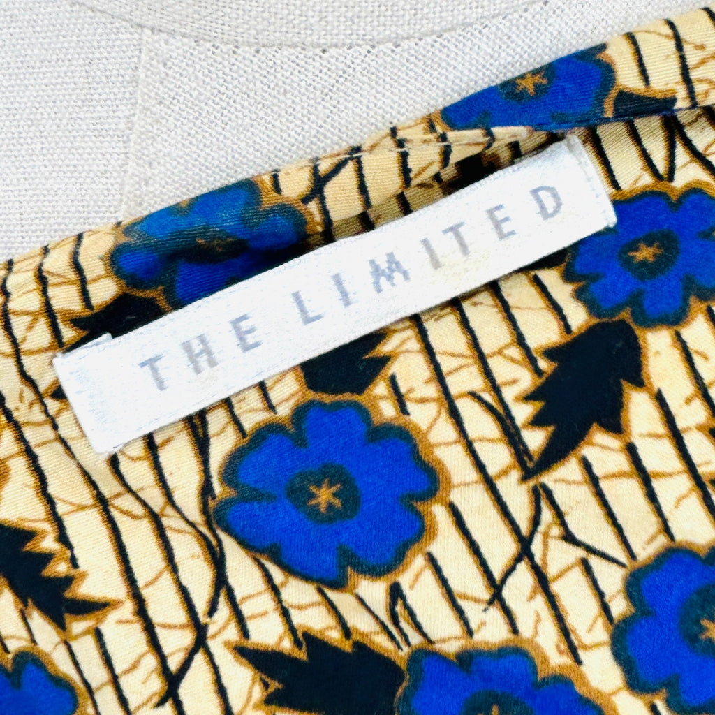 Vintage 90s The Limited Tan Blue Cotton Batik Floral Wrap Button Dress