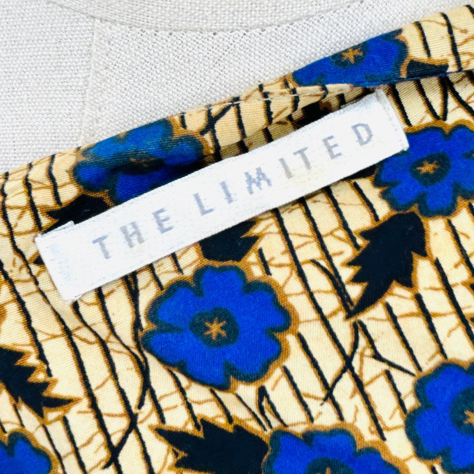 Vintage 90s The Limited Tan Blue Cotton Batik Floral Wrap Button Dress