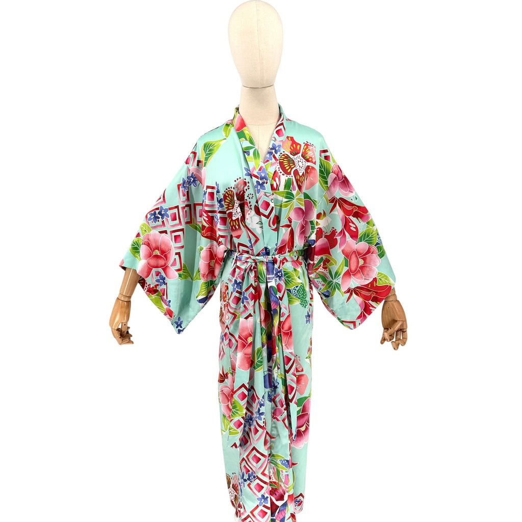 Natori Teal Asian Floral Cherry Blossom Print Pocket Robe Kimono