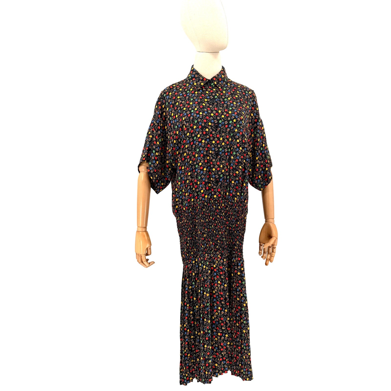 Vintage 80s Black Primary Color Geomtric Smocked Drop Waist Dress