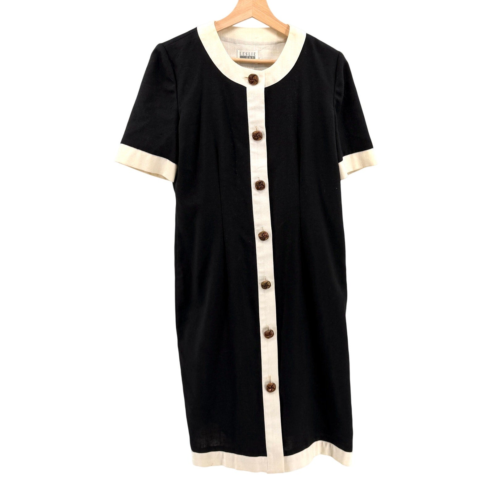 Vintage 80s Leslie Fay Black White Mod Linen Look Button Front Dress