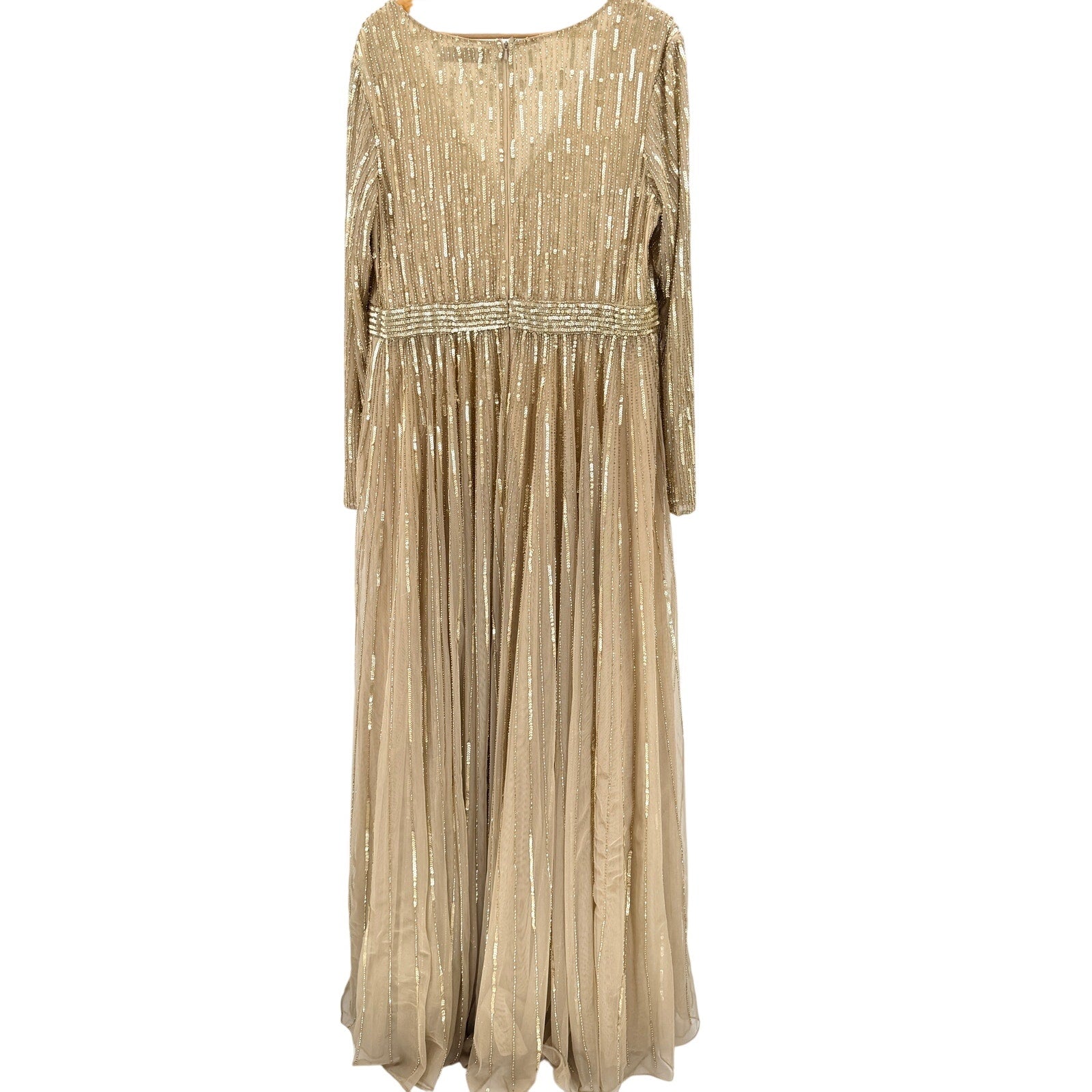 Mac Duggal Gold Beaded Sequin Elegant Long Sleeve V Neck Evening Gown Dress